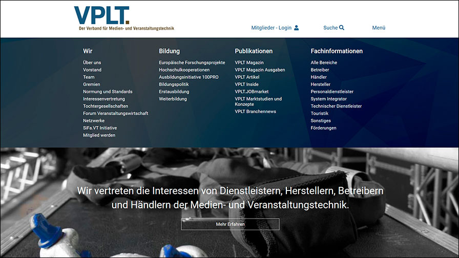 Das neue Menü der VPLT-Homepage