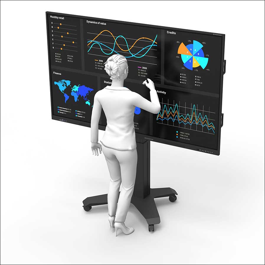 Maximale Flexibilität für moderne Arbeitsumgebungen verspricht der neue Kindermann DisplayLift² Mobile X-Fuß (Fotos: Kindermann)