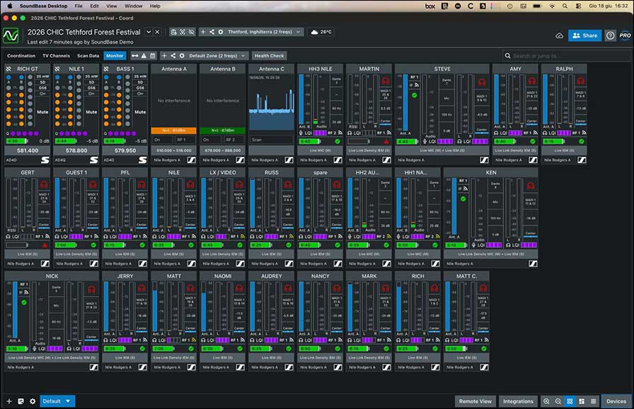 SoundBase hat Spectera vollständig in seine HF-Management-App integriert. Mit der abgebildeten Pro-Version der App kann man Breitband- und Schmalbandsysteme verschiedener Hersteller verwalten (Screenshot: Sennheiser)