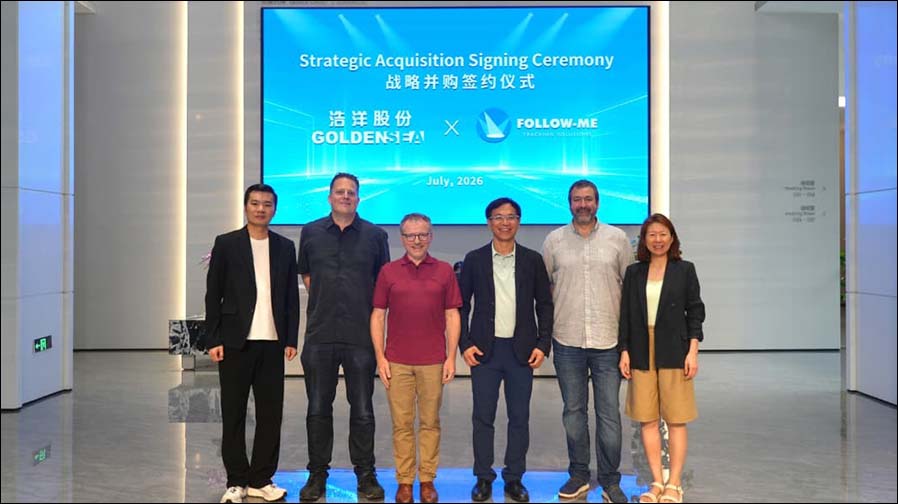 Termin in China (von links): Lawrence Jiewei Lao, Vorstandssekretär von Golden Sea; Erik Berends, Technischer Direktor von Follow-Me; Marc van der Wel, Geschäftsführer von Follow-Me; Weikai Jiang, Präsident von Golden Sea; Chris Agius Ferrante, Vizepräsident von Golden Sea; Chunyan Hou, Leiterin der Rechts- und Integrationsabteilung von Golden Sea